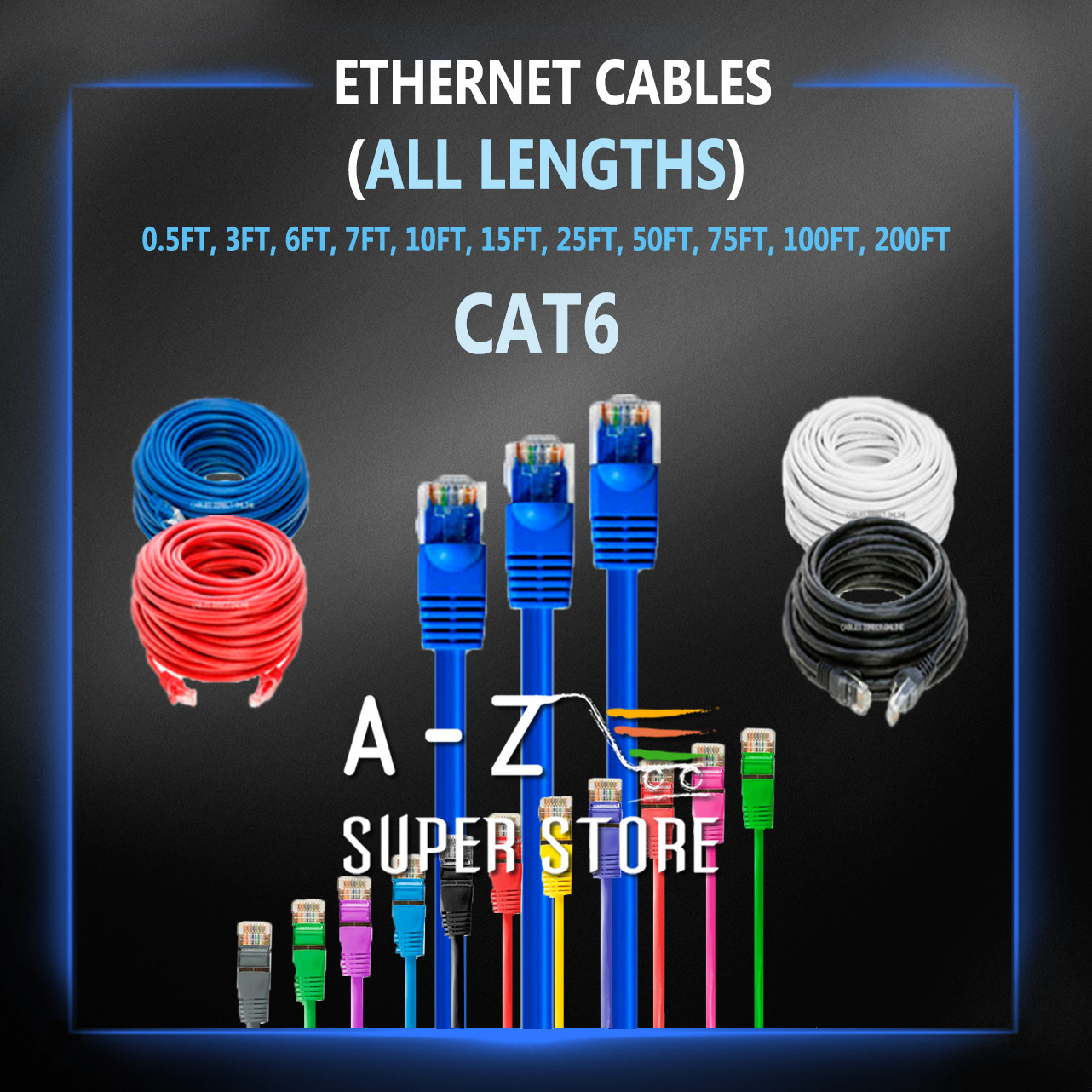 CAT6 Ethernet Cable 10FT 25 50 75 100FT 200 FT CAT 6 LAN RJ45 lot Network COLORS