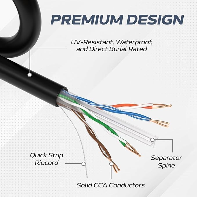1000FT CAT6 UTP OUTDOOR Ethernet Network Cable 23AWG Solid Direct Burial Wire