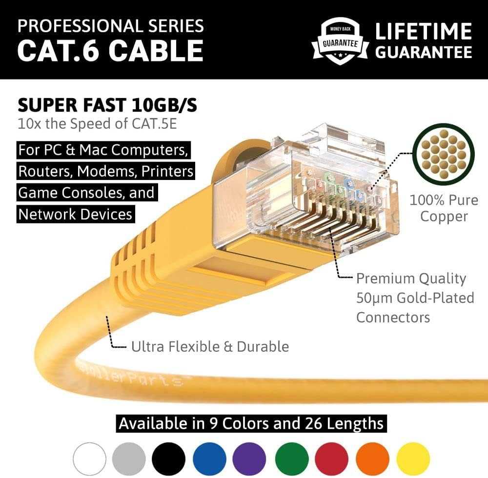 CAT6 Cable UTP Booted – Yellow – 100 FT – 5 Pack – Professional Series – 10Gbps,