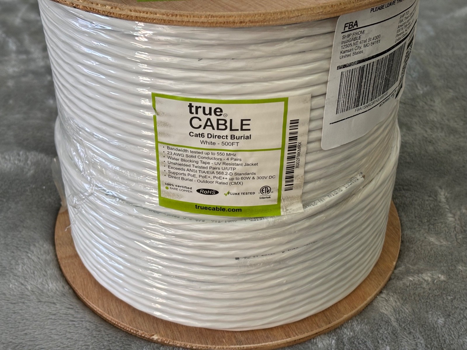 True Cable Cat6 Ethernet U/UTP Unshielded Outdoor Rated Direct Burial 500FT Reel