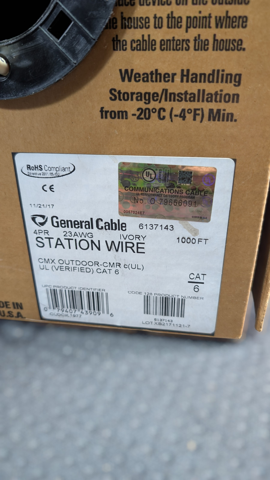 General Cable CAT 6 Station Wire 4P/23AWG CMX INDOOR/OUTDOOR CMR – IVORY 942ft.