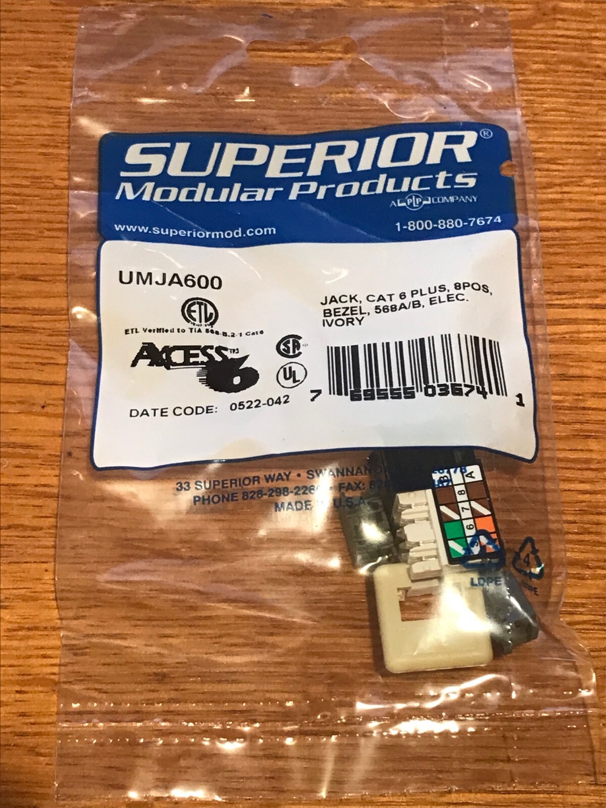 Cat6 Keystone Ethernet Jack Ivory Box of 50 Superior Modular Products UMJA600