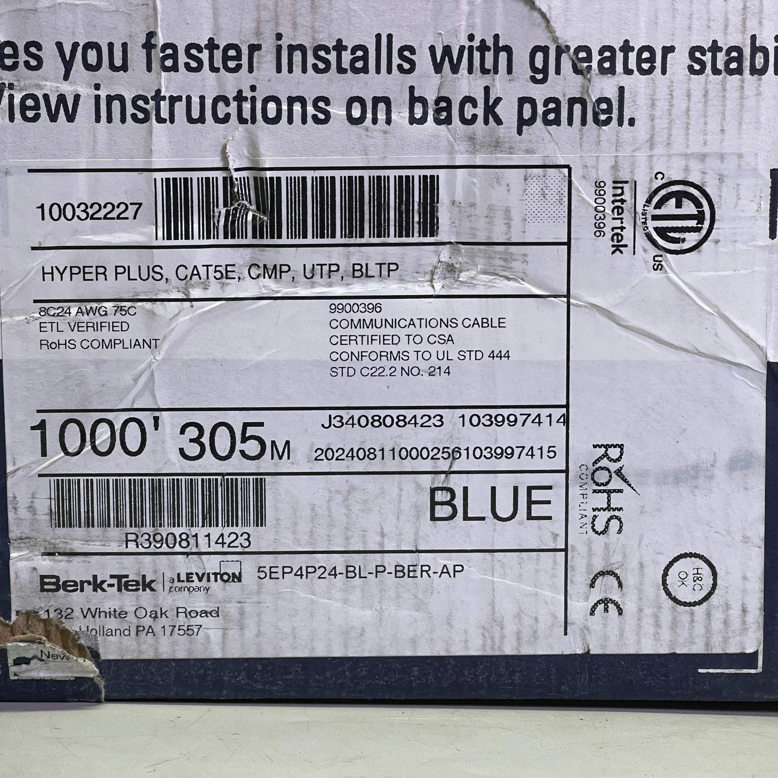 BERK-TEK Hyper Plus 5e Cat 5e UTP Cable 1000′ Blue 10032227