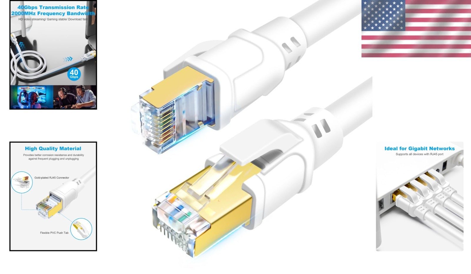 100ft CAT 8 Ethernet Cable – High-Speed 40Gbps with Gold Plated RJ45 Connectors