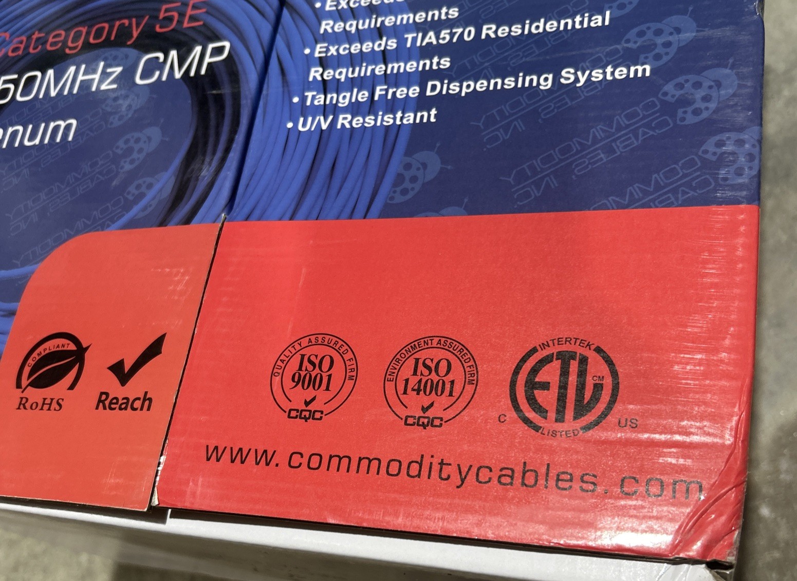 Commodity Cable Cat5e 350MHz CMR Ethernet Cable White 24AWG Solid Copper 1000 FT