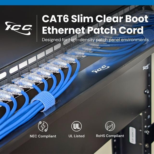 ICC CAT6 Slim Ethernet Patch Cord with Clear Boot Strain Relief, RJ45, Strand…
