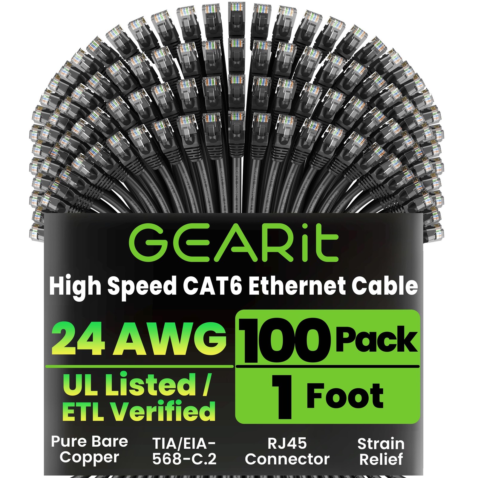 GEARit Cat 6 Patch Cables 1 ft Black 100 Pack Cat6 Patch Cables 1ft Black/Et…