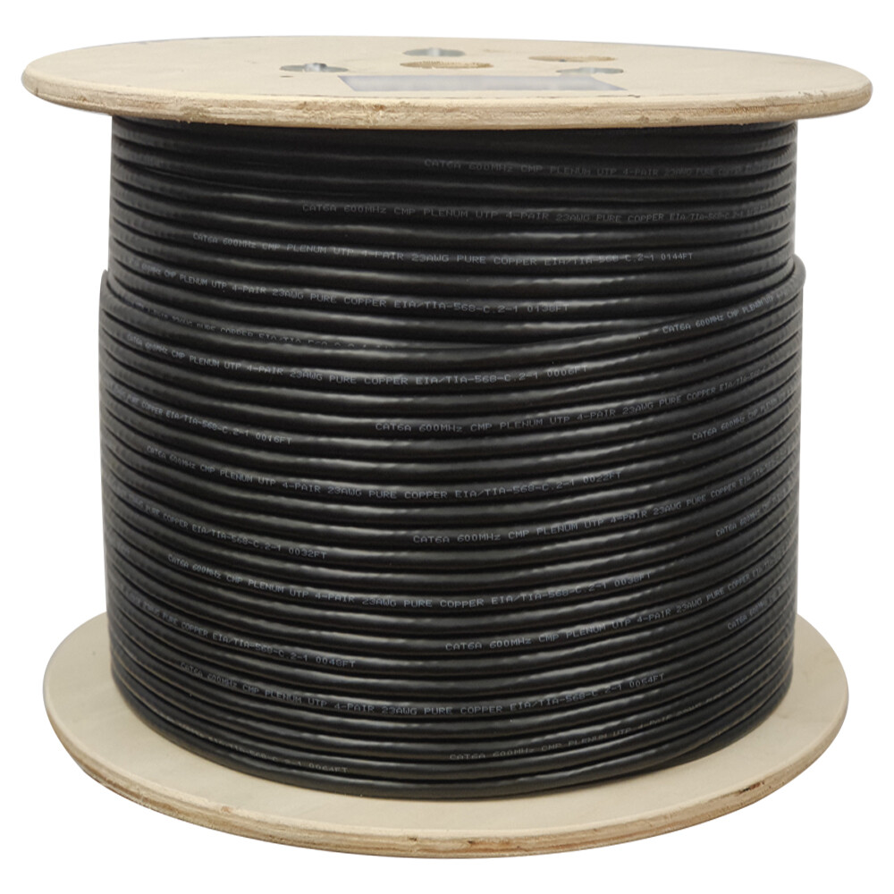 Cat6A Plenum (CMP) 1000ft, 23AWG 100% Bare Copper Ethernet Cable, UTP Black