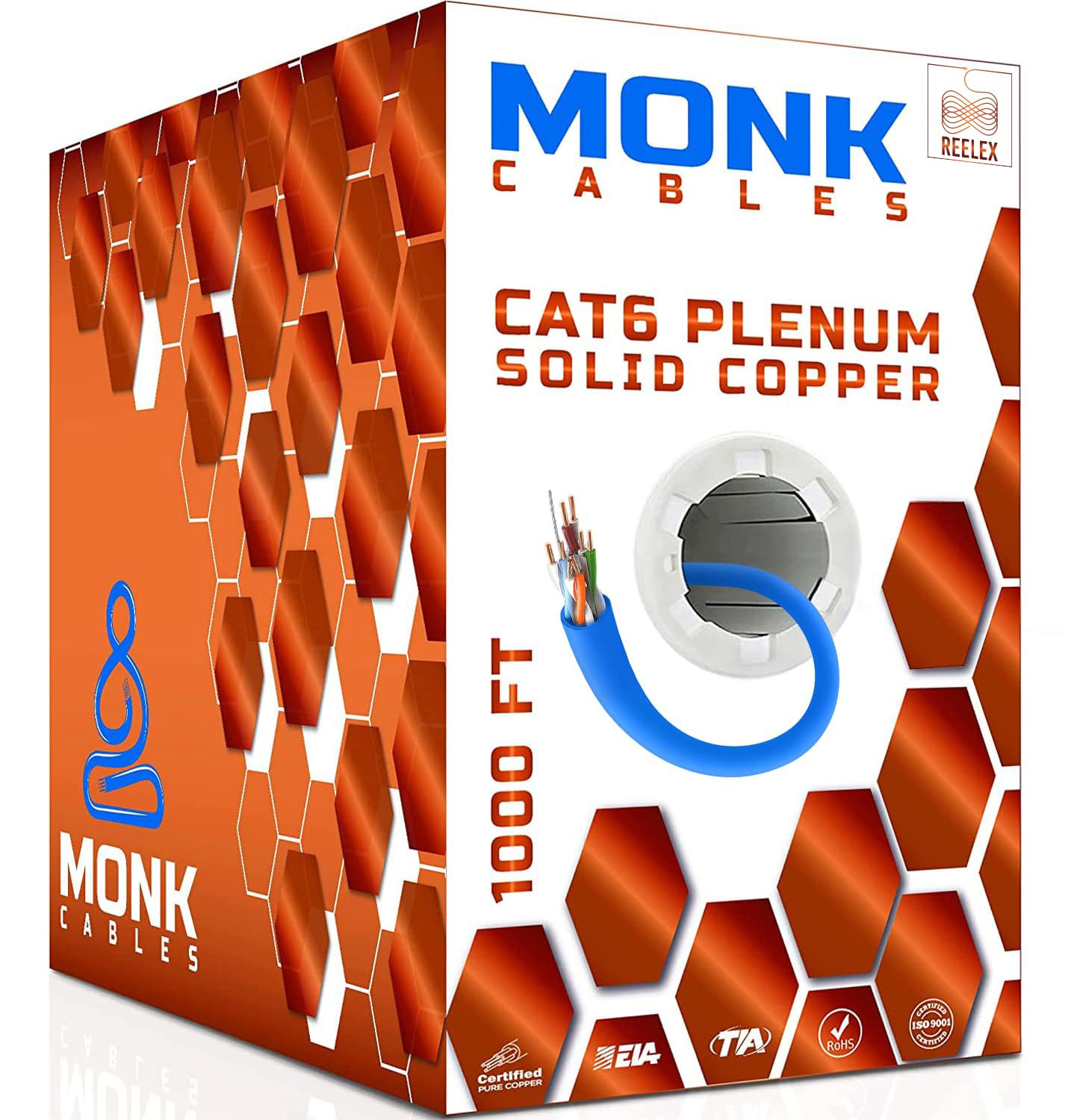 MONK CABLES | CAT6 Plenum Cable 1000Ft | 100% Pure Copper | UTP, 23AWG, 550Mhz