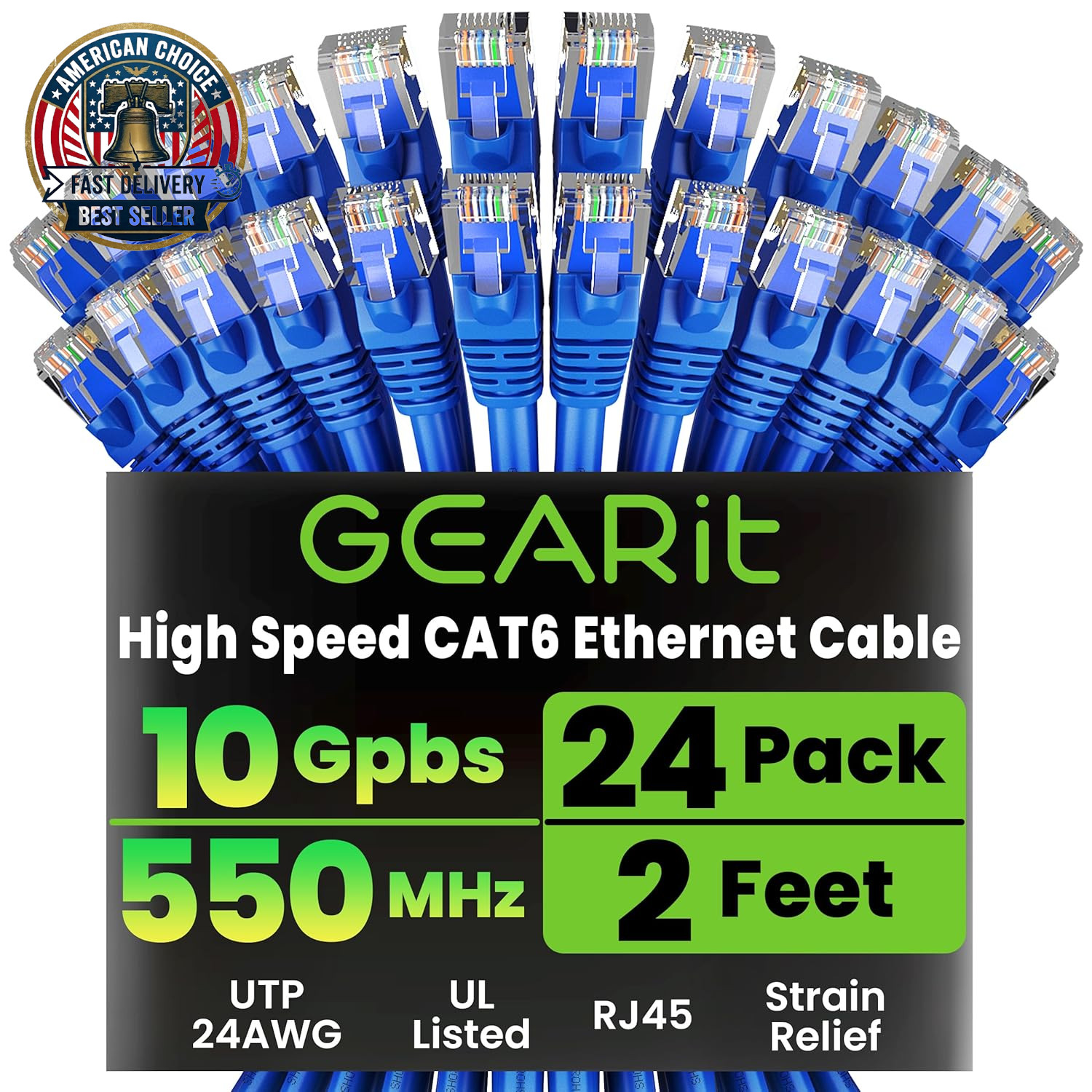 Cat 6 Ethernet Patch Cable 2 Ft Blue (24-Pack Cat6 Ethernet Patch Cables 2Ft), C