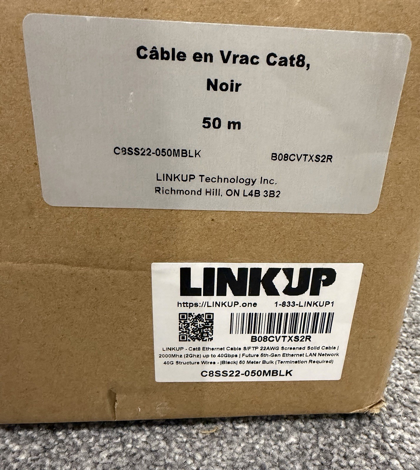 LINKUP Cat8 S/FTP Bulk Cable 22AWG Solid Copper 2000MHz 40Gbps Black – 50 meter