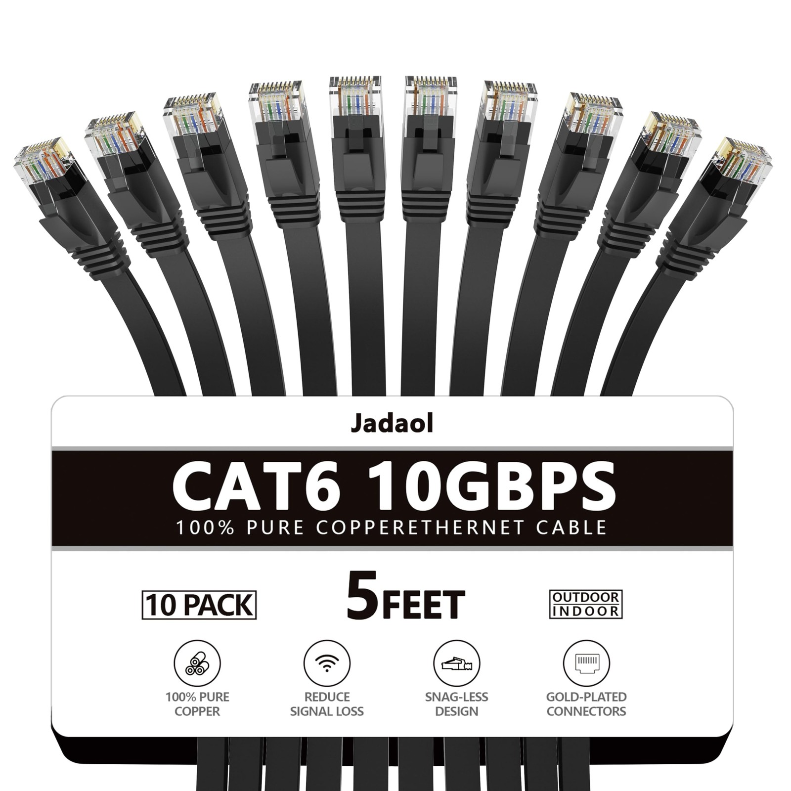 Jadaol Cat6 Ethernet Cable 5FT 10-Pack 10Gbps Flat Network Cable, Black