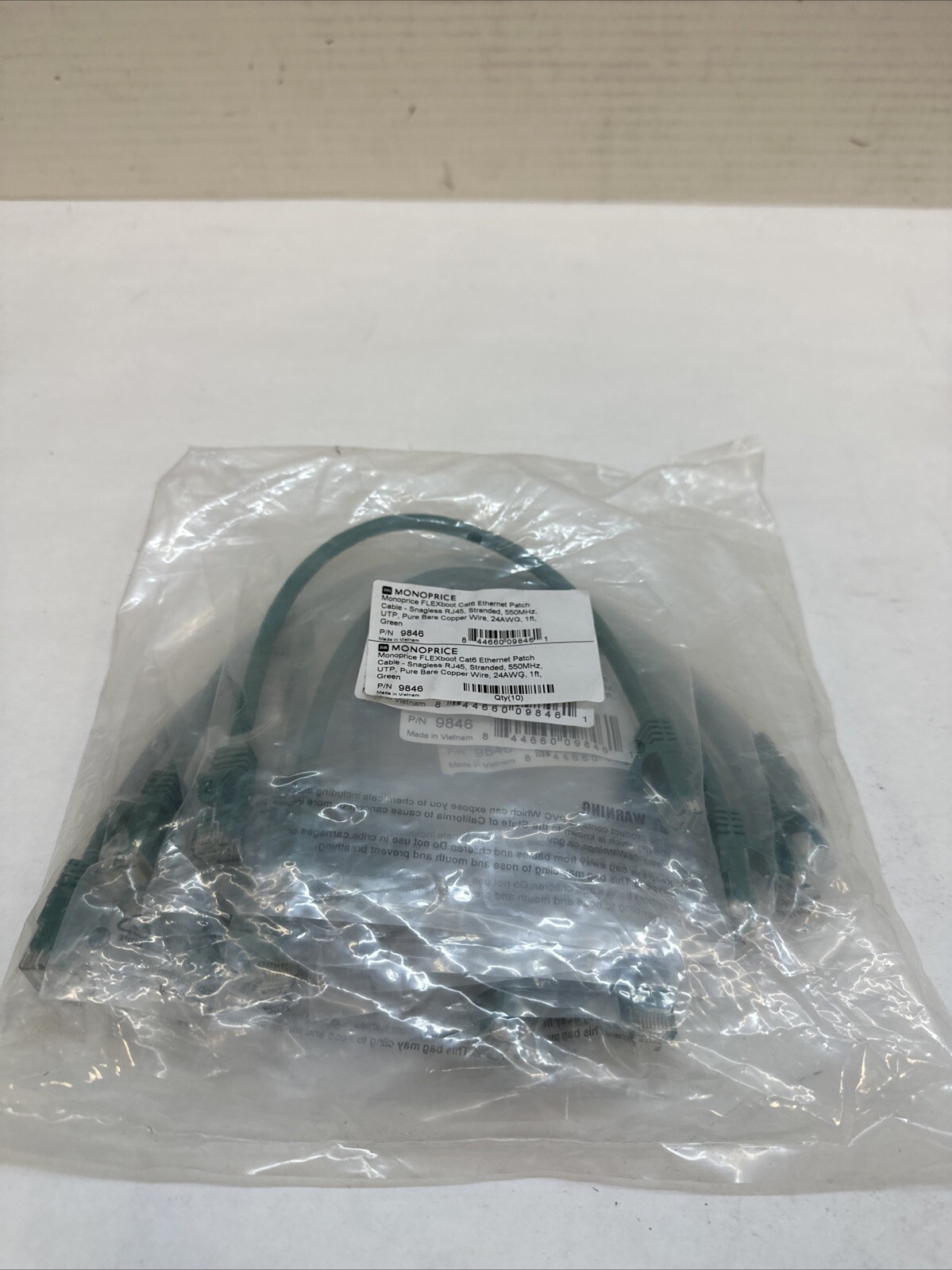 MONOPRICE 9846 Patch Cord,Cat 6,Flexboot,Green,1.0 ft. 38F948 Qty 10 Pack