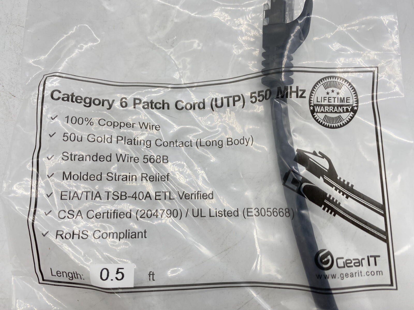 Gear IT 550MHZ Category 6, 0.5ft ( 6 inch) Patch Cord (UTP)