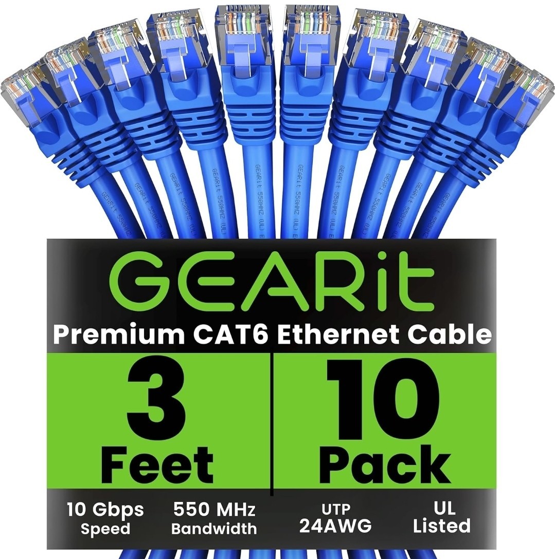Cat 6 Ethernet Cable (10-Pack 3 Feet) Cat6 Network Patch, 10Gbps, RJ45, Snagl…
