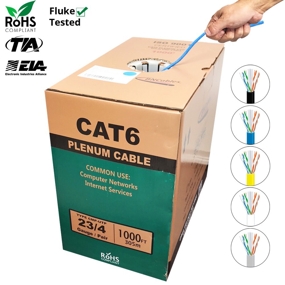Cat6 Plenum (CMP) Cable 1000ft 23AWG, DTX-1800 Solid 550Mhz 10Gigabit UTP Blue