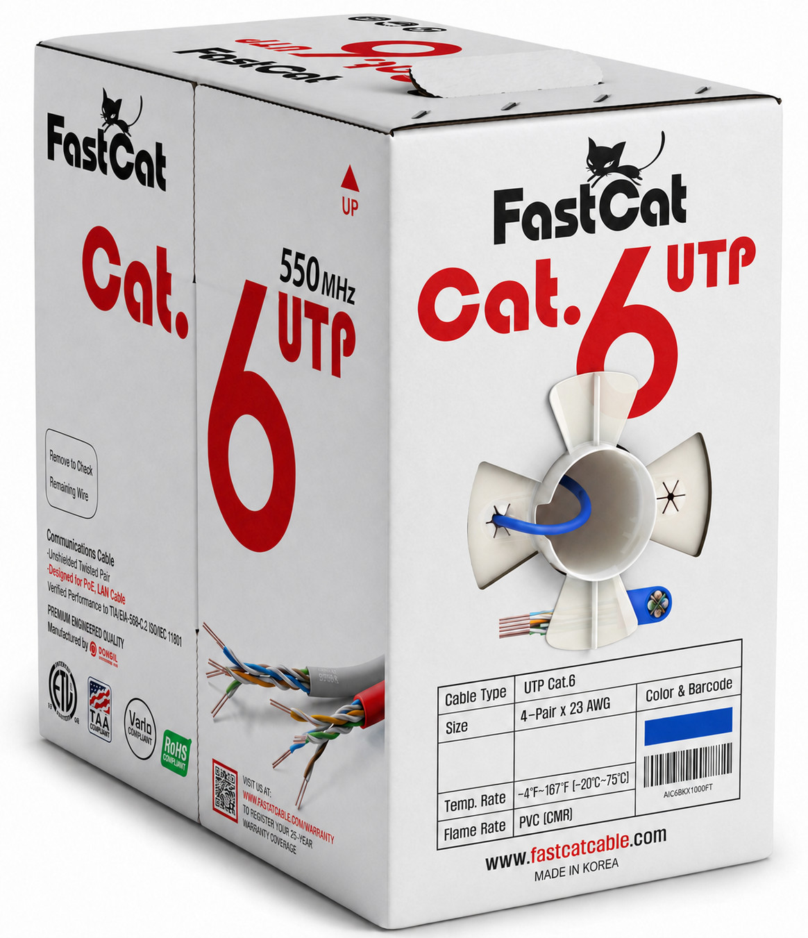 Cat6 Ethernet Cable – 23 AWG, CMR, Solid Bare Copper – 999ft – Blue