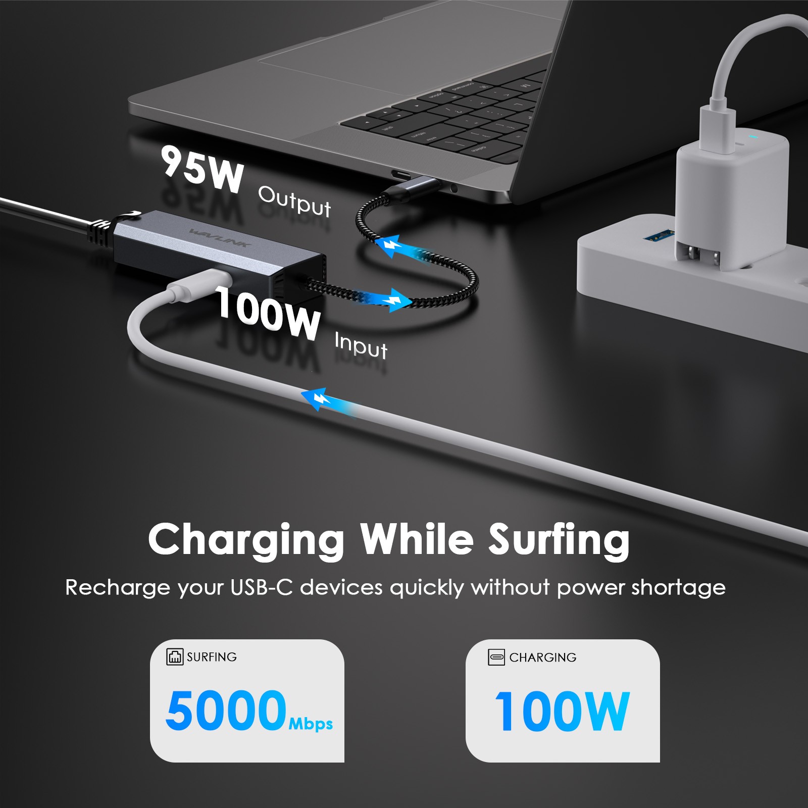Wavlink Driver-free 5Gbps USB-C to Ethernet Network Adapter 95W Charging Port