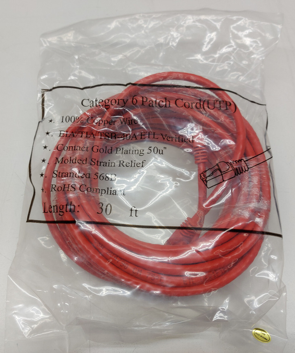 30ft CAT6 UTP Ethernet Patch Booted Cable Red EIA/TIA TSB-40A ETL Verified ROHS