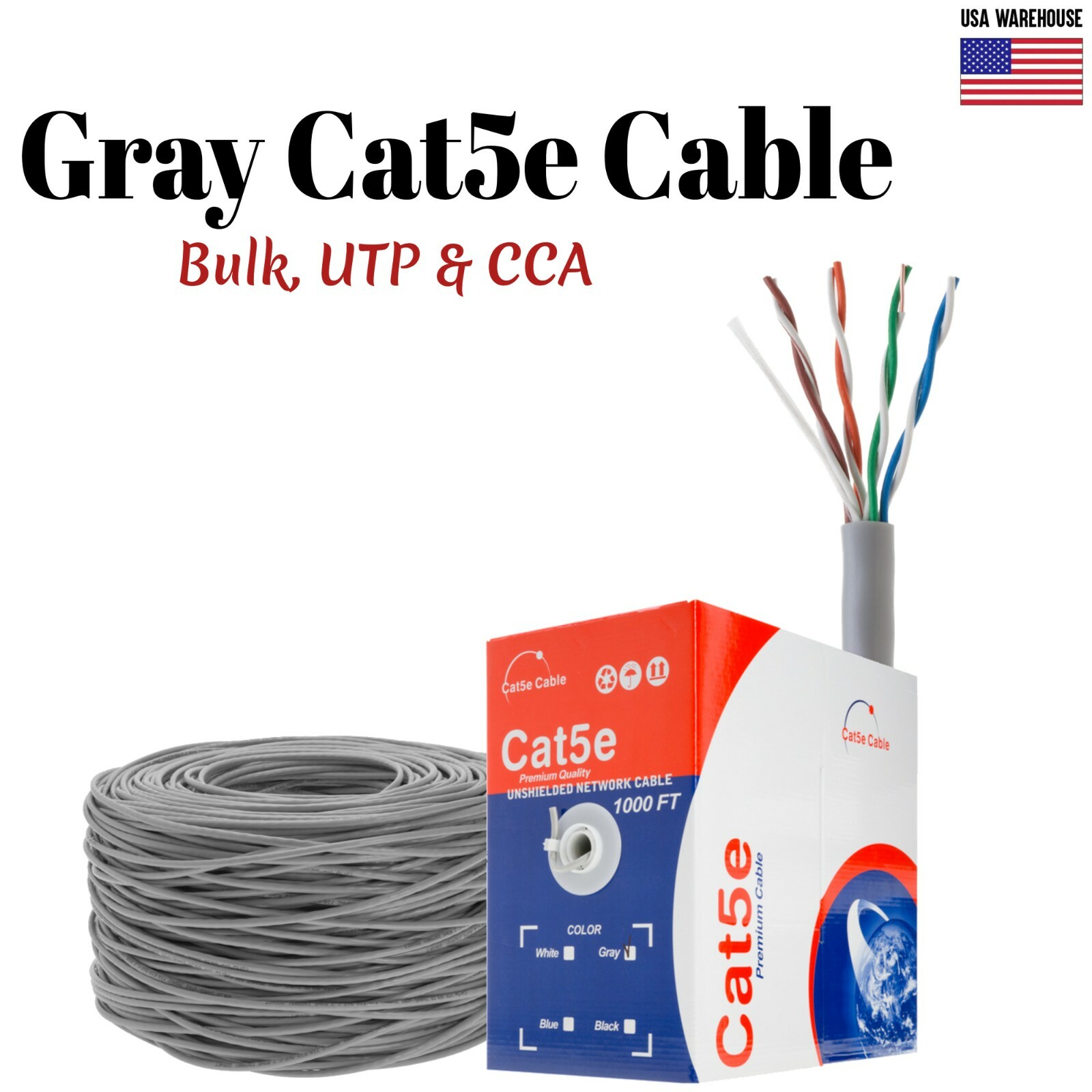 1000ft Cat5e Gray Ethernet Network Cable Solid 24AWG Copper Clad CCA Bulk Wire