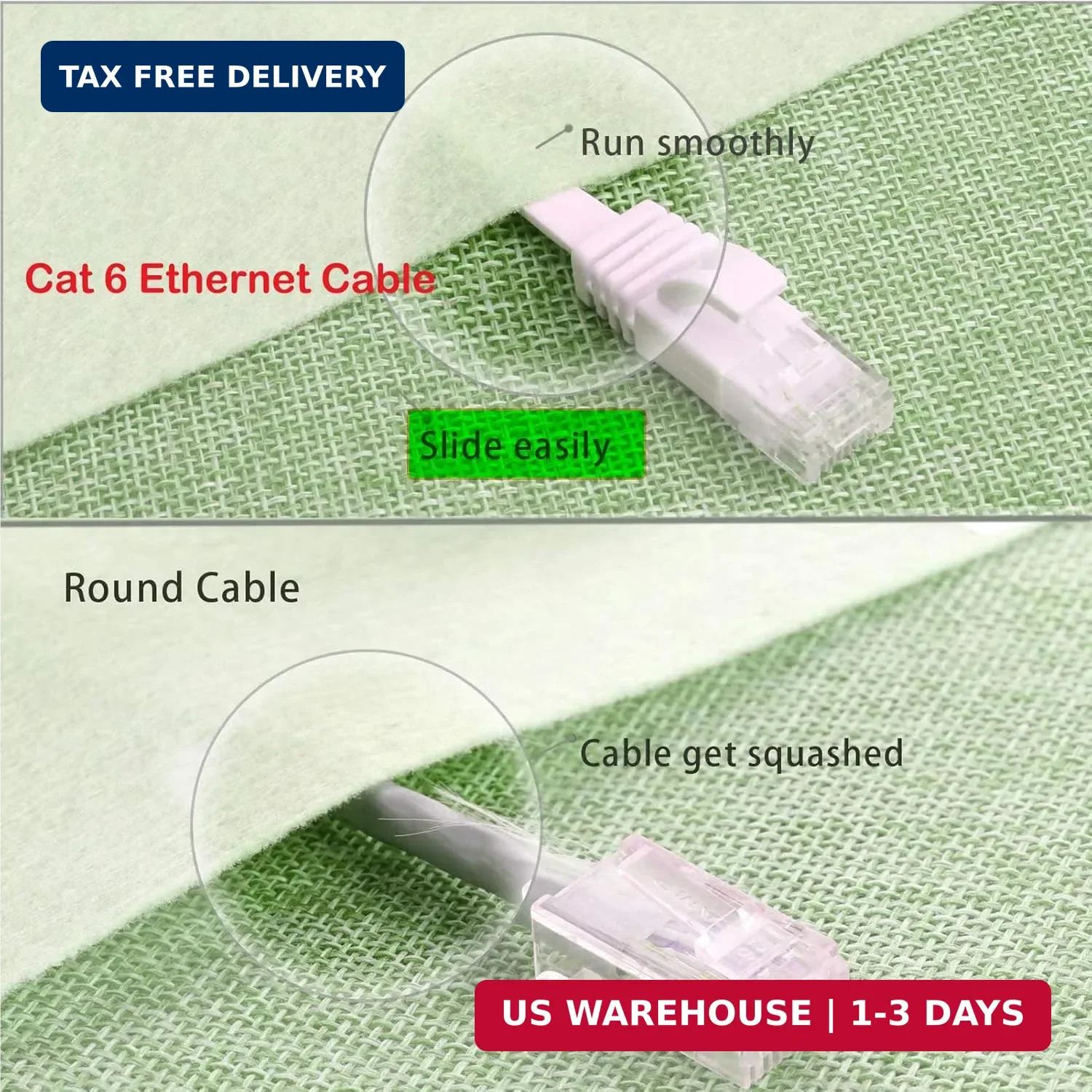 Cat 6 Ethernet Cable 50 ft White – Flat Internet Network LAN Patch Cords – Solid