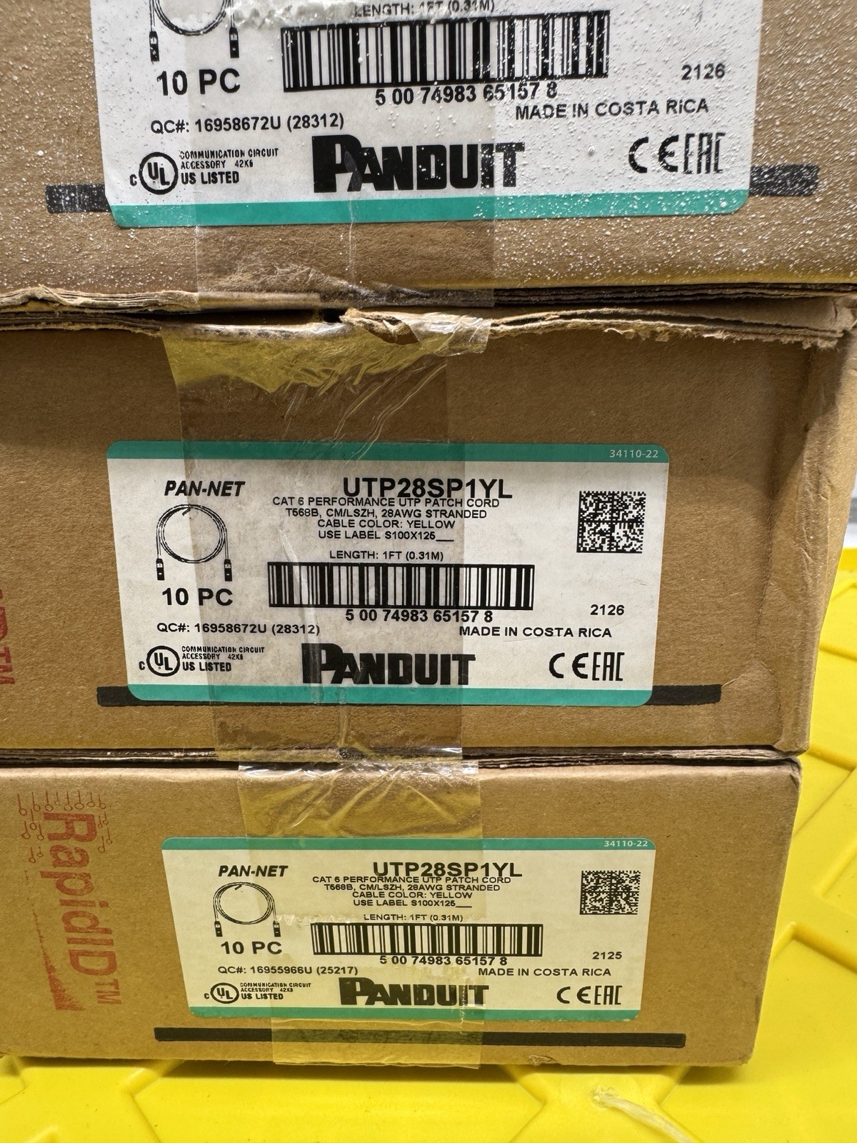 Panduit UTP28SP1YL Cat6 1Ft Yellow 28AWG Patch Cords Lot of 10 New