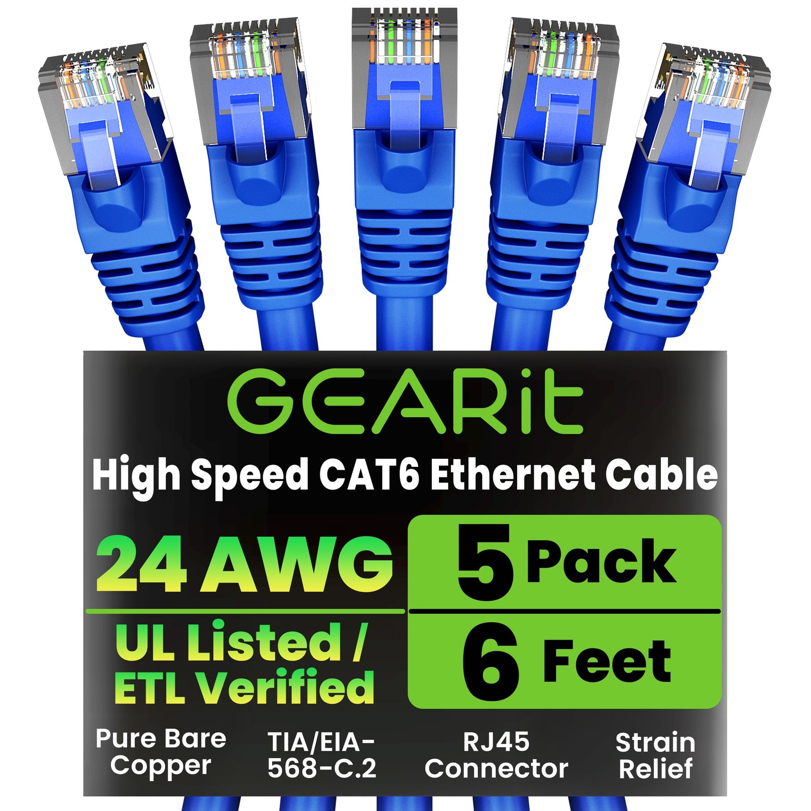 5 PCS Cat 6 Ethernet Patch Cables 6 Ft 10 Gbps Snagless Network Cord Blue