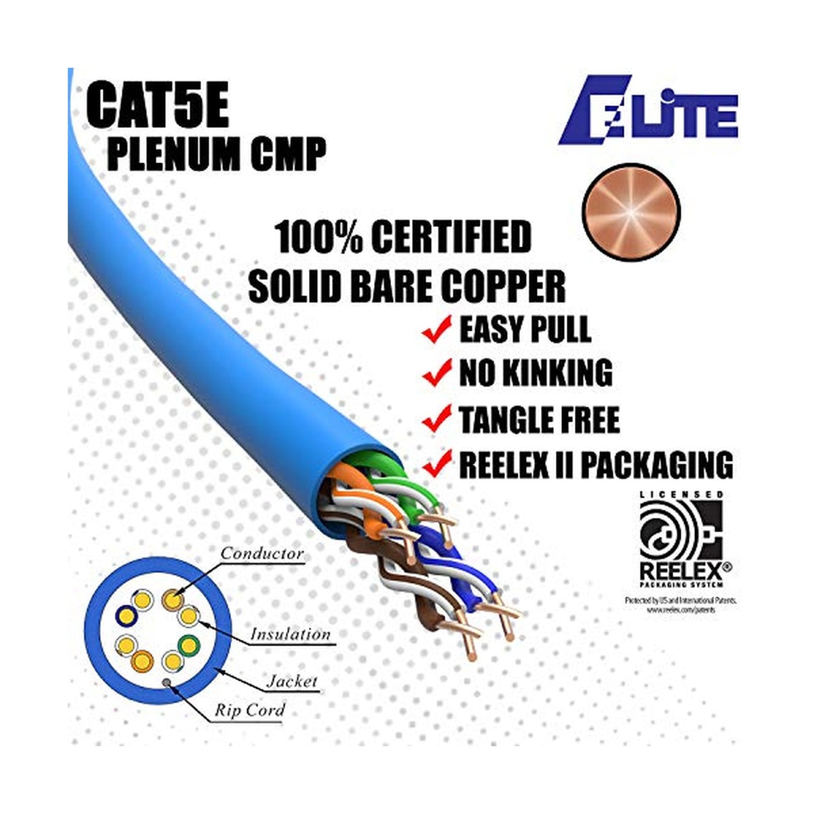 CAT5E Plenum (CMP),1000ft, UTP 24AWG, Solid Pure Copper, 350MHz, UL Certified…