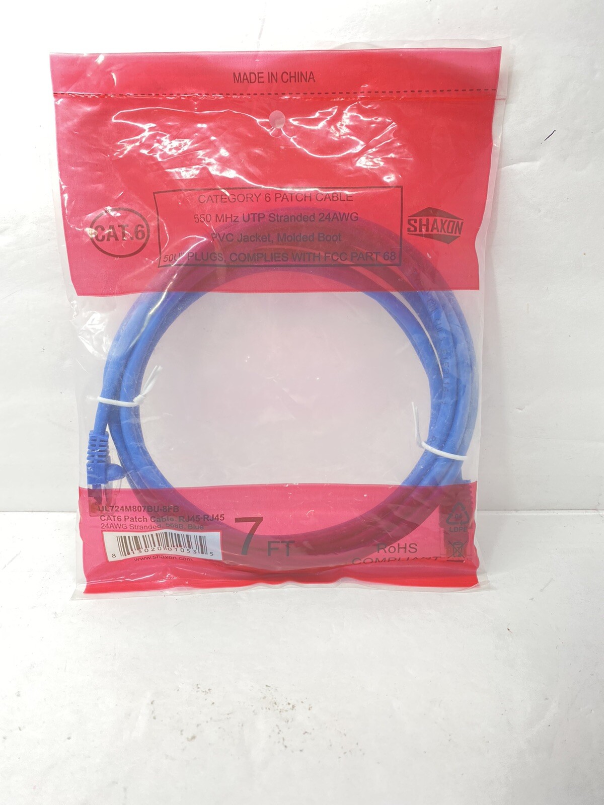 Category 6 Patch Cable 7′ ft, 550 MHz UTP Stranded 24AWG (RJ45/8P8C)