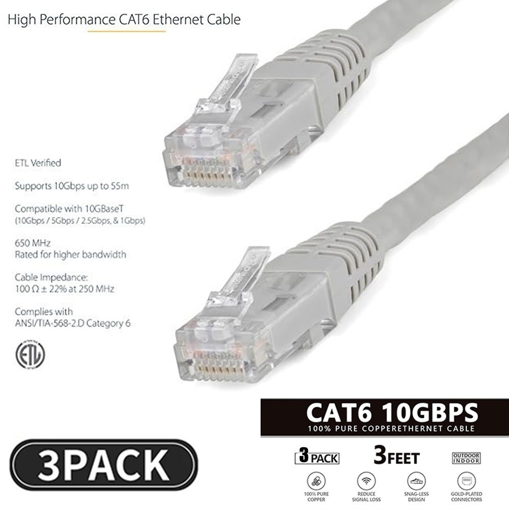 3 Pcs 3ft CAT6 Cable Ethernet Lan 10Gbps RJ45 Network Patch Cord Internet Router
