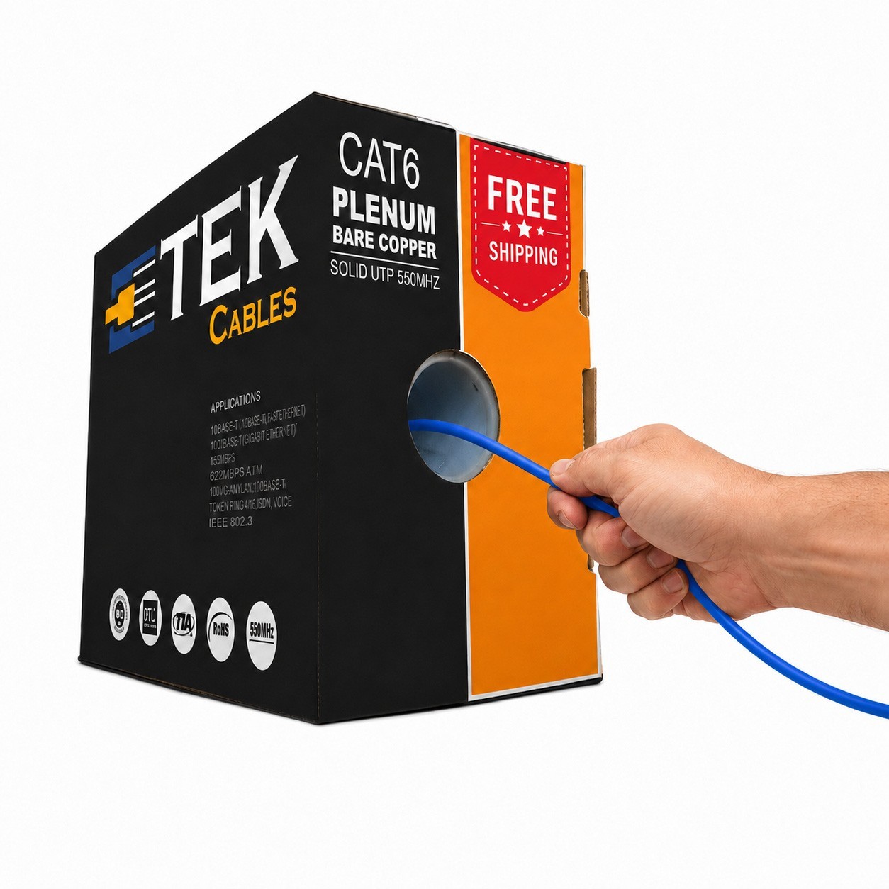 Cat6 Plenum 1000ft Ethernet Cable CMP 23AWG Solid Bare Copper 550MHz UTP Blue