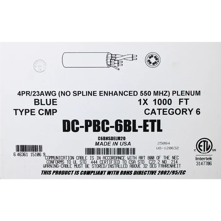ETL LISTED CAT6 PLENUM UTP 100% SOLID BARE COPPER 550Mhz 1000ft CABLE in BLACK