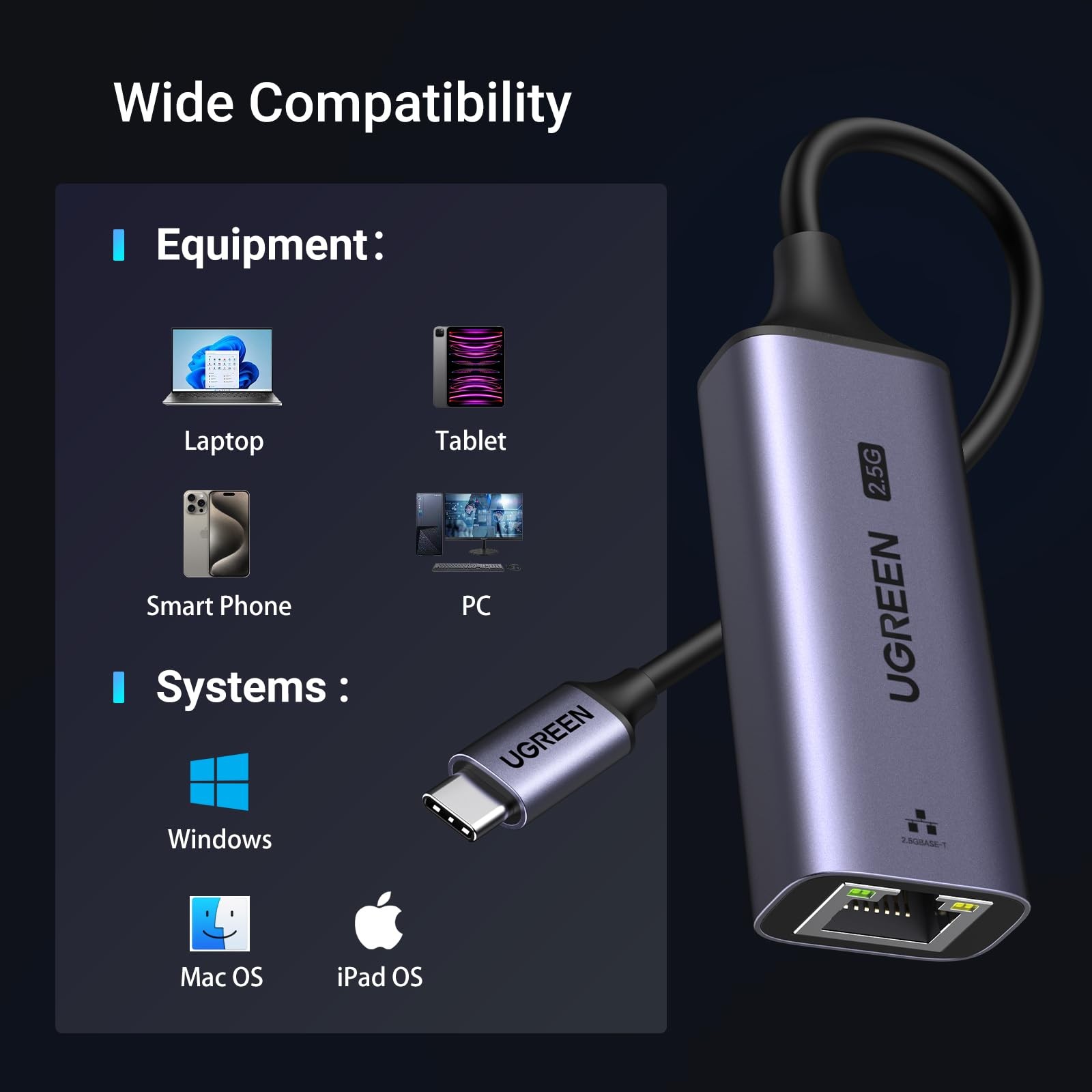 UGREEN USB C to Ethernet Adapter 2.5G, for Space Grey