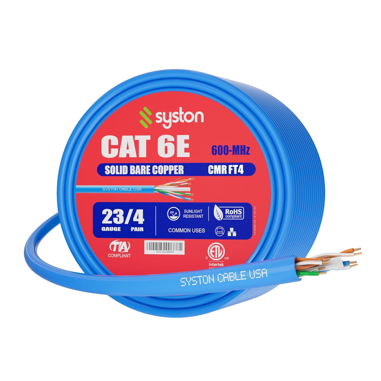 Cat 6E Ethernet Network Cable – 100 Ft，600Mhz 23AWG Solid Bare Copper Wire Outdo