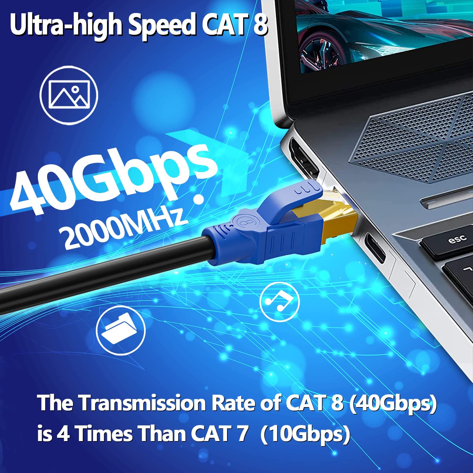 Cat 8 Ethernet Cable 50ft Indoor&outdoor Heavy Duty High Speed 26awg Internet Ne