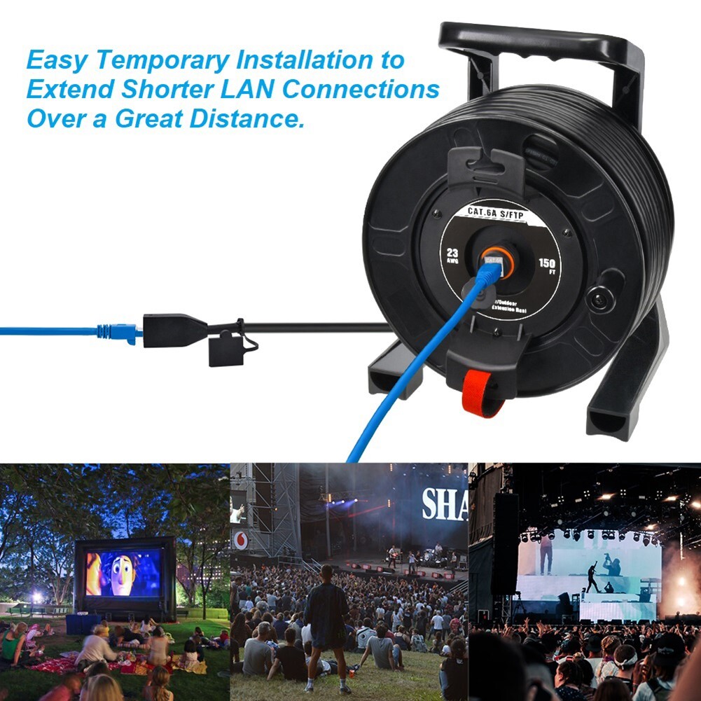 150FT Cat6A RJ45 Ethernet Network S/FTP Shield Cable Retractable Extension Reel