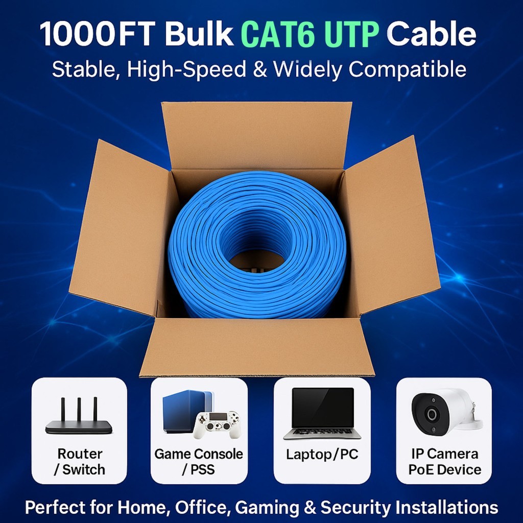 RJ45 CAT6 1000FT by JEVOLVE – Bulk Ethernet Cable for Internet, CCTV & LAN