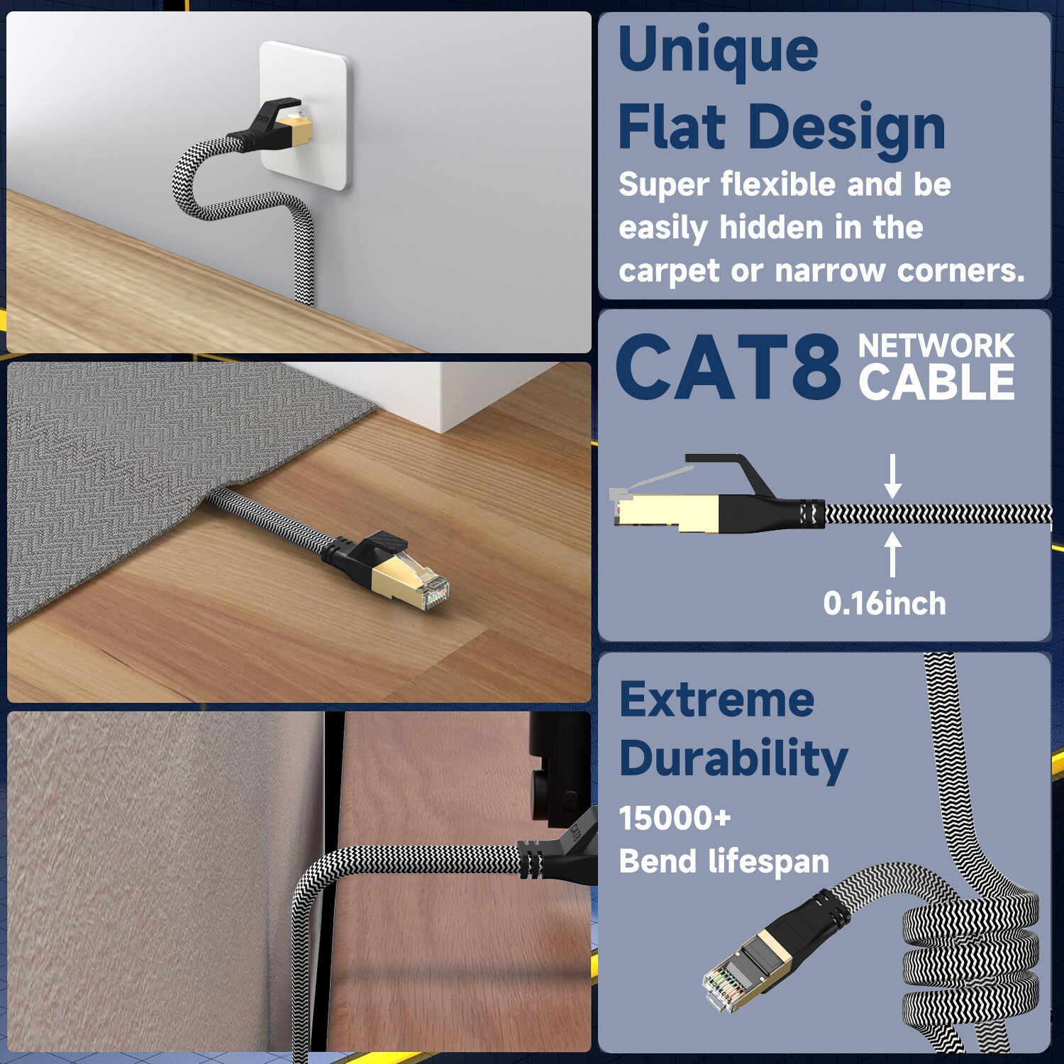 6FT-50FT flat Cat 8 Ethernet Cable Braided 40Gbps 2000Mhz CAT8 Network Cables