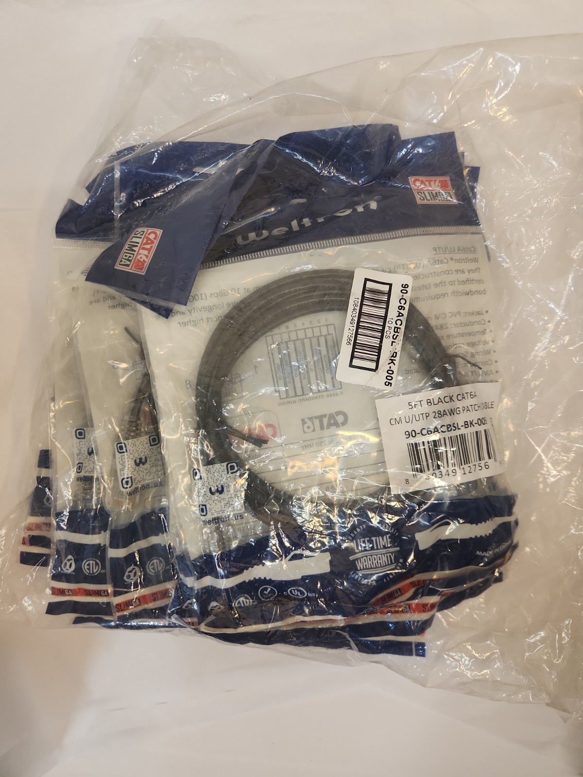 10 PACK Weltron 90-C6ACBSL-BK-005 networking cable Black 60″ (1.52 m) Cat6a
