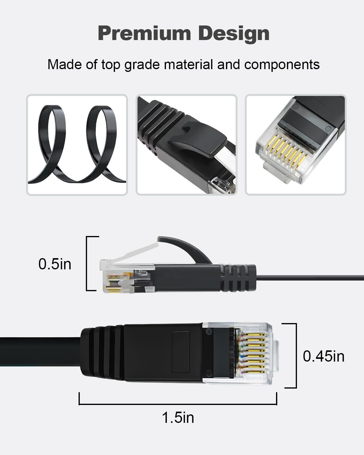 CAT 6 Ethernet Cable 7ft 6 Pack Black Flat Gigabit Network LAN Patch Cord