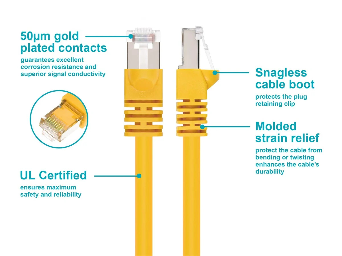 Cat6A Ethernet Patch Cable Network Internet Cord RJ45 STP 26AWG 1ft Yellow