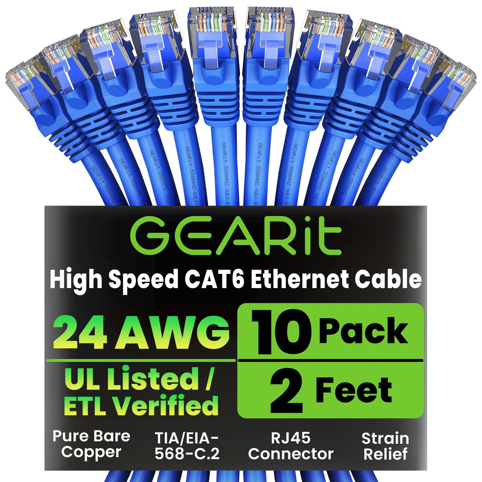 Cat6 Ethernet Patch Cable 2ft Blue 10 Pack 10Gbps 550MHz Snagless Gold RJ45