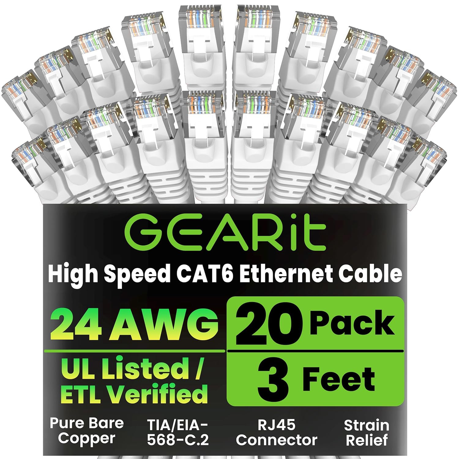 Cat 6 Ethernet Cable (20-Pack 3 Feet) Cat6 Network Patch, 10Gbps, RJ45, Snagless