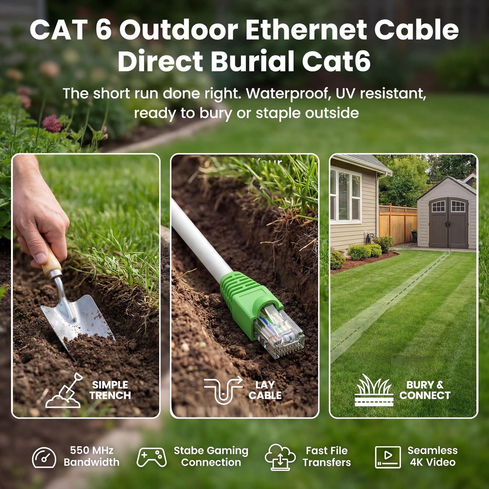 Cat6 Outdoor Ethernet Cable 25ft Waterproof Direct Burial CCA Copper Clad