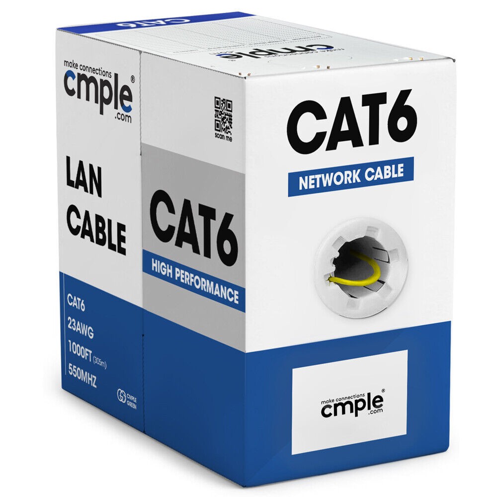 Cat6 Ethernet Cable 1000ft Riser CMR Solid 23AWG UTP 550MHz Pull Box Yellow