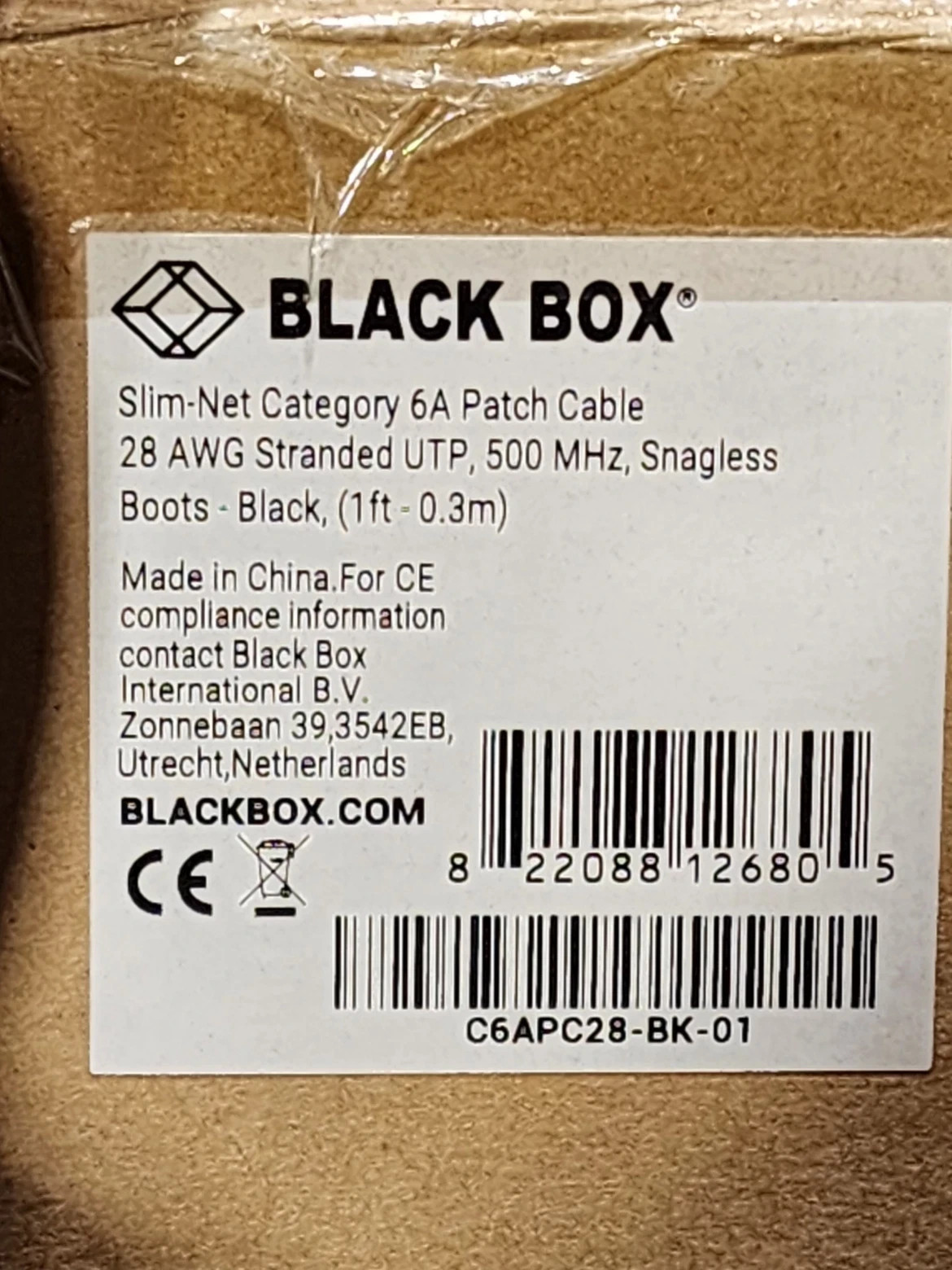 100 Pack 1ft Black Box Slim-Net Cat 6A Patch Cable 28AWG UTP Snagless
