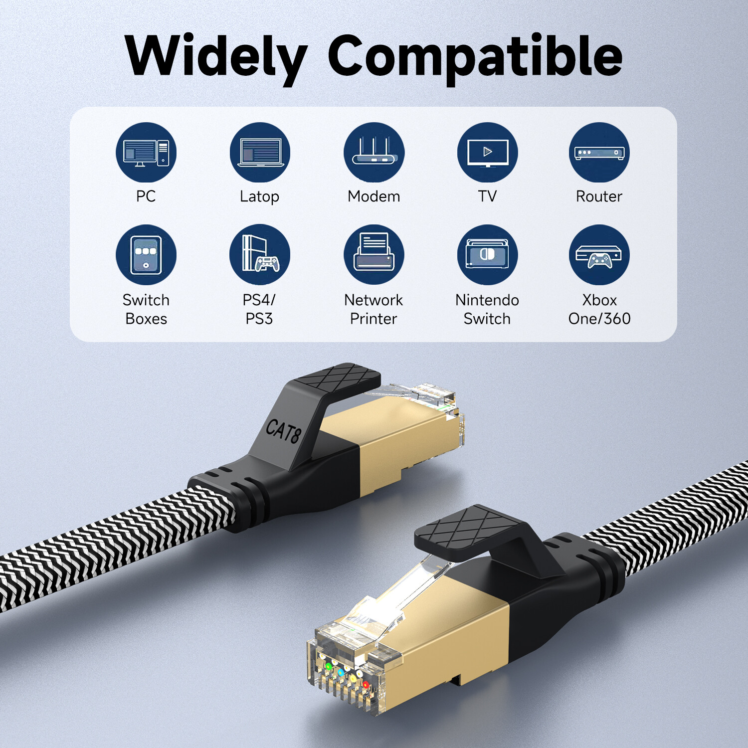 6FT-50FT flat Cat 8 Ethernet Cable Braided 40Gbps 2000Mhz CAT8 Network Cables