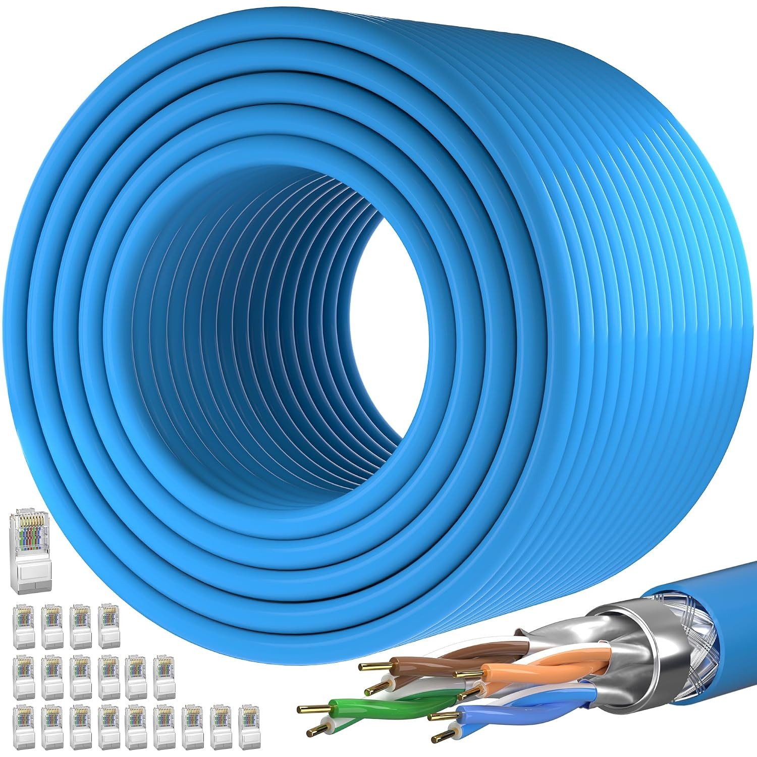 Cat 7 Outdoor Ethernet Cable 500Ft (DIY Bulk Cat7 Cable X 30 RJ45 ) | ( SFTP Tri