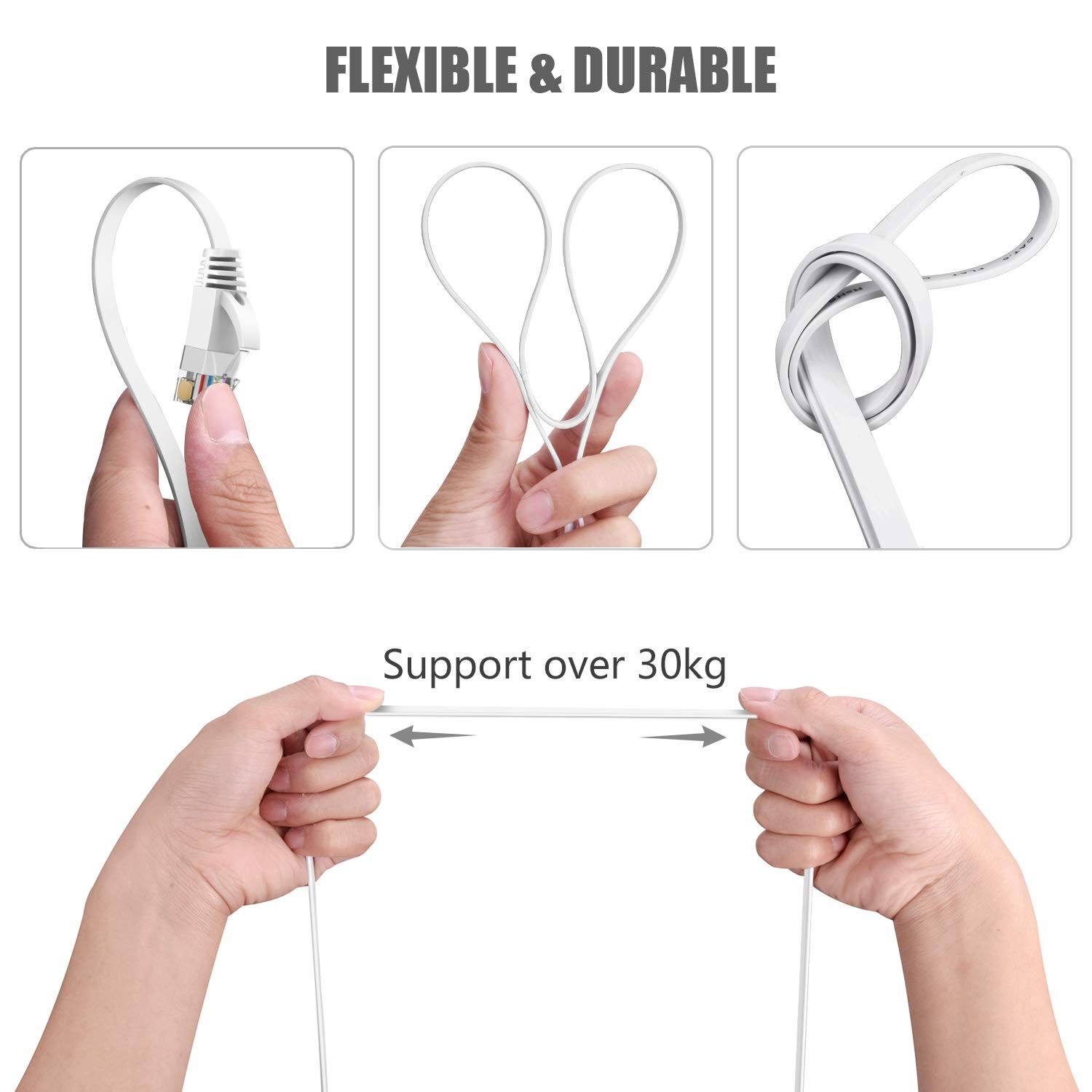 BUSOHE Cat6 Ethernet Cable 30 FT White, Cat-6 Flat RJ45 Computer Internet LAN Ne