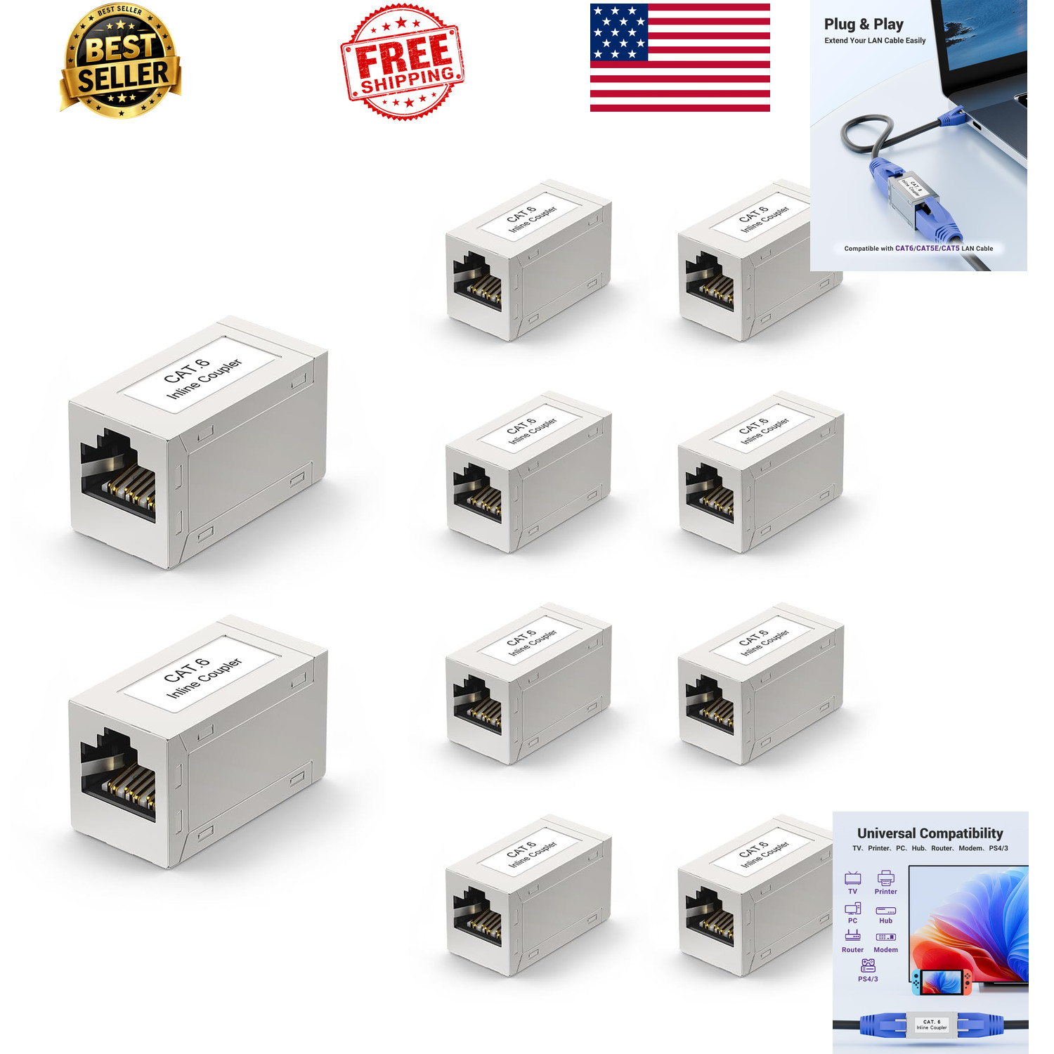 Cat6 Ethernet Coupler Shielded 10 Pack Metal Housing PoE 1Gbps Gold Contacts